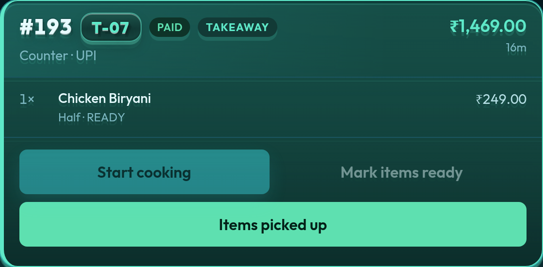 Café kitchen ticket in Aqua for a single station