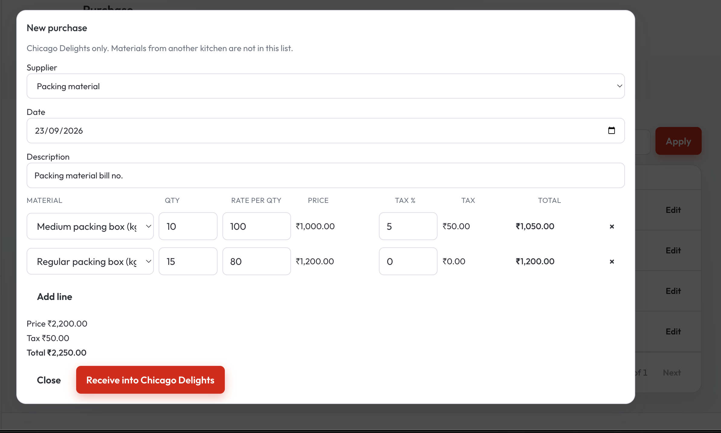 New purchase with quantity, rate, and tax